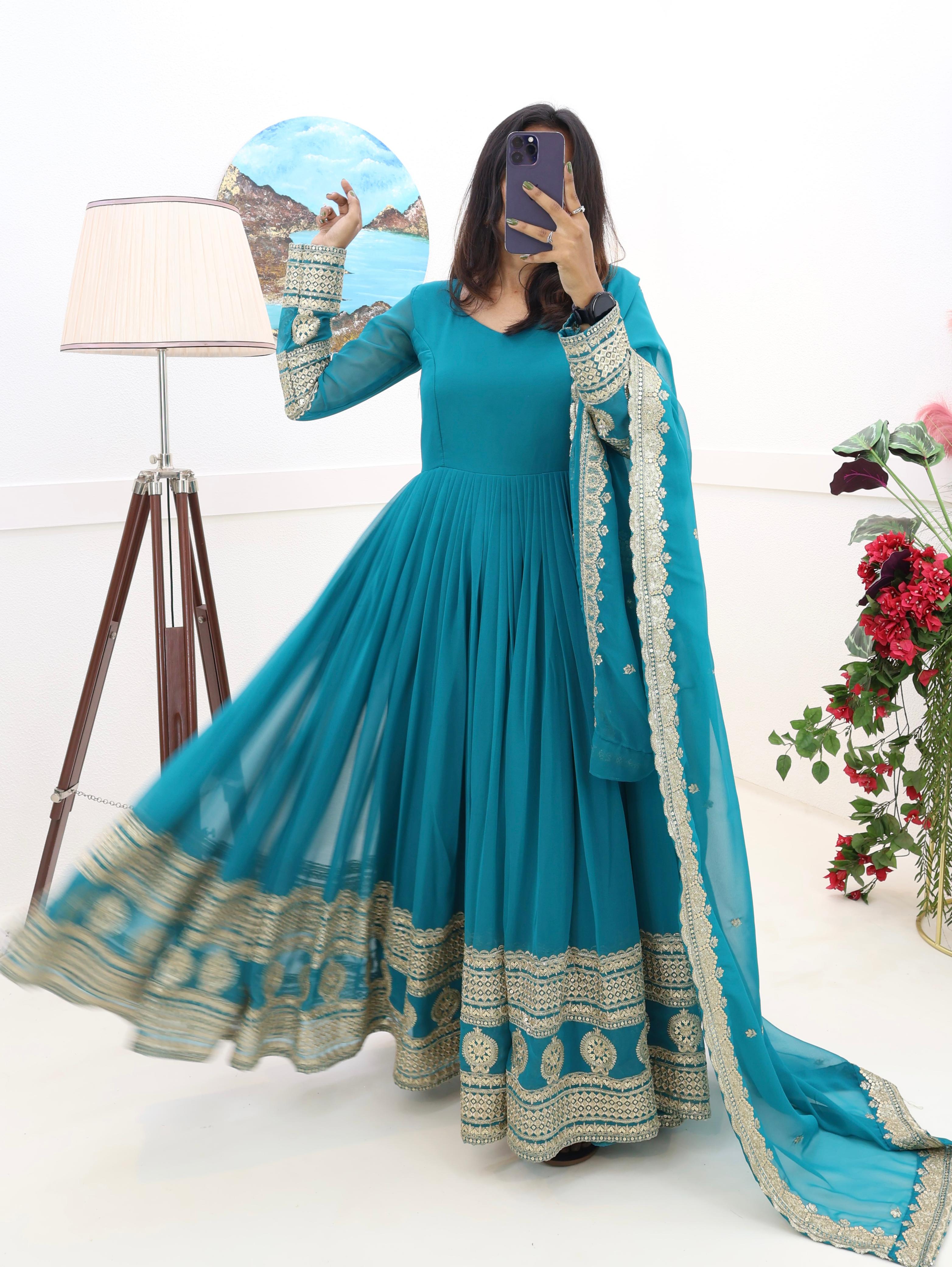 Teal Blue Function Wear Embroidery Work Long Gown