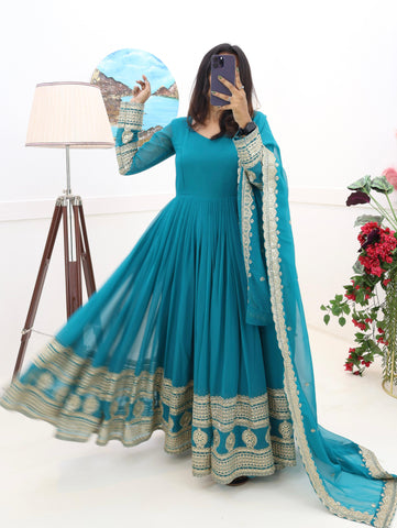 Teal Blue Function Wear Embroidery Work Long Gown