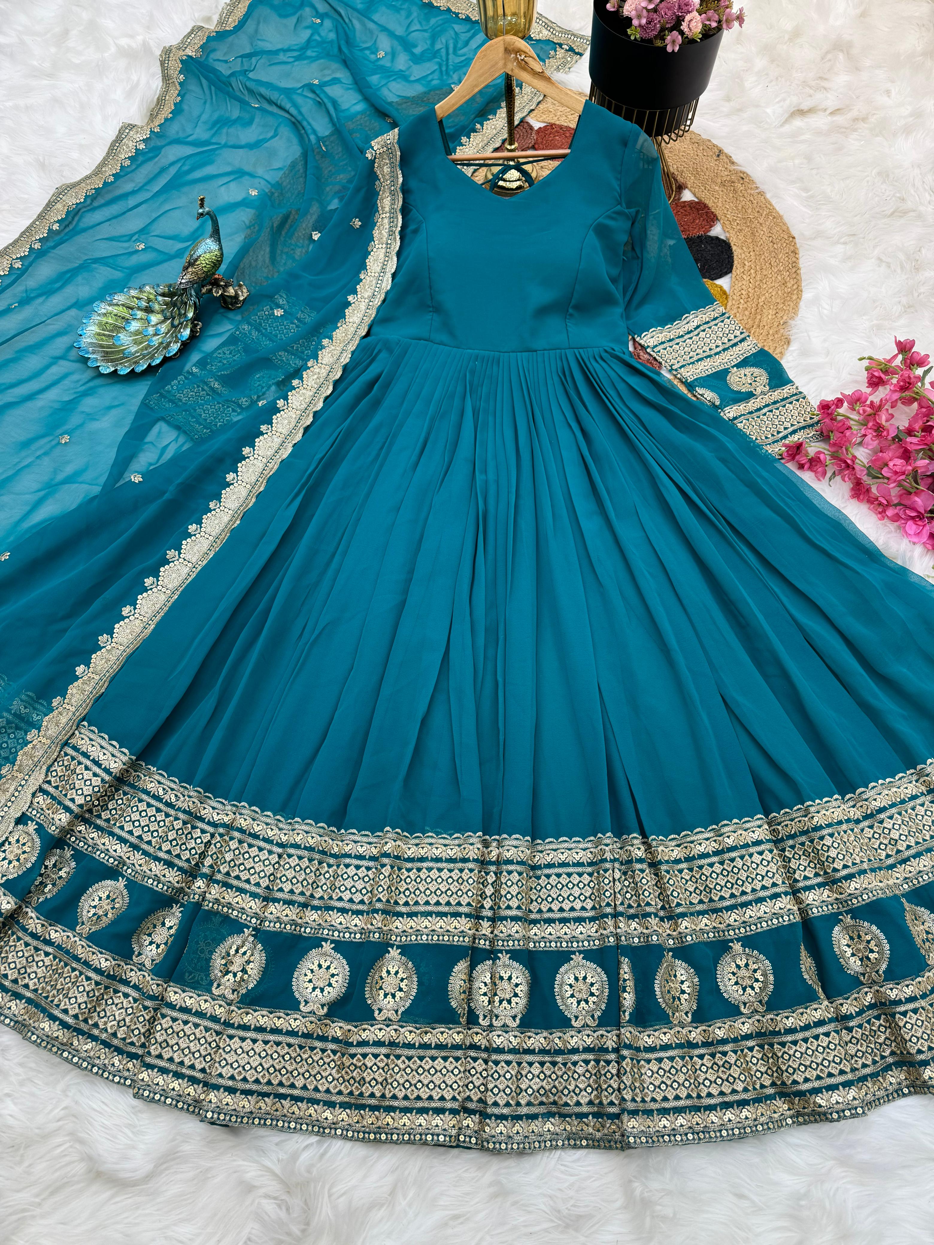 Teal Blue Function Wear Embroidery Work Long Gown