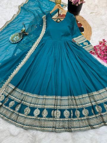 Teal Blue Function Wear Embroidery Work Long Gown