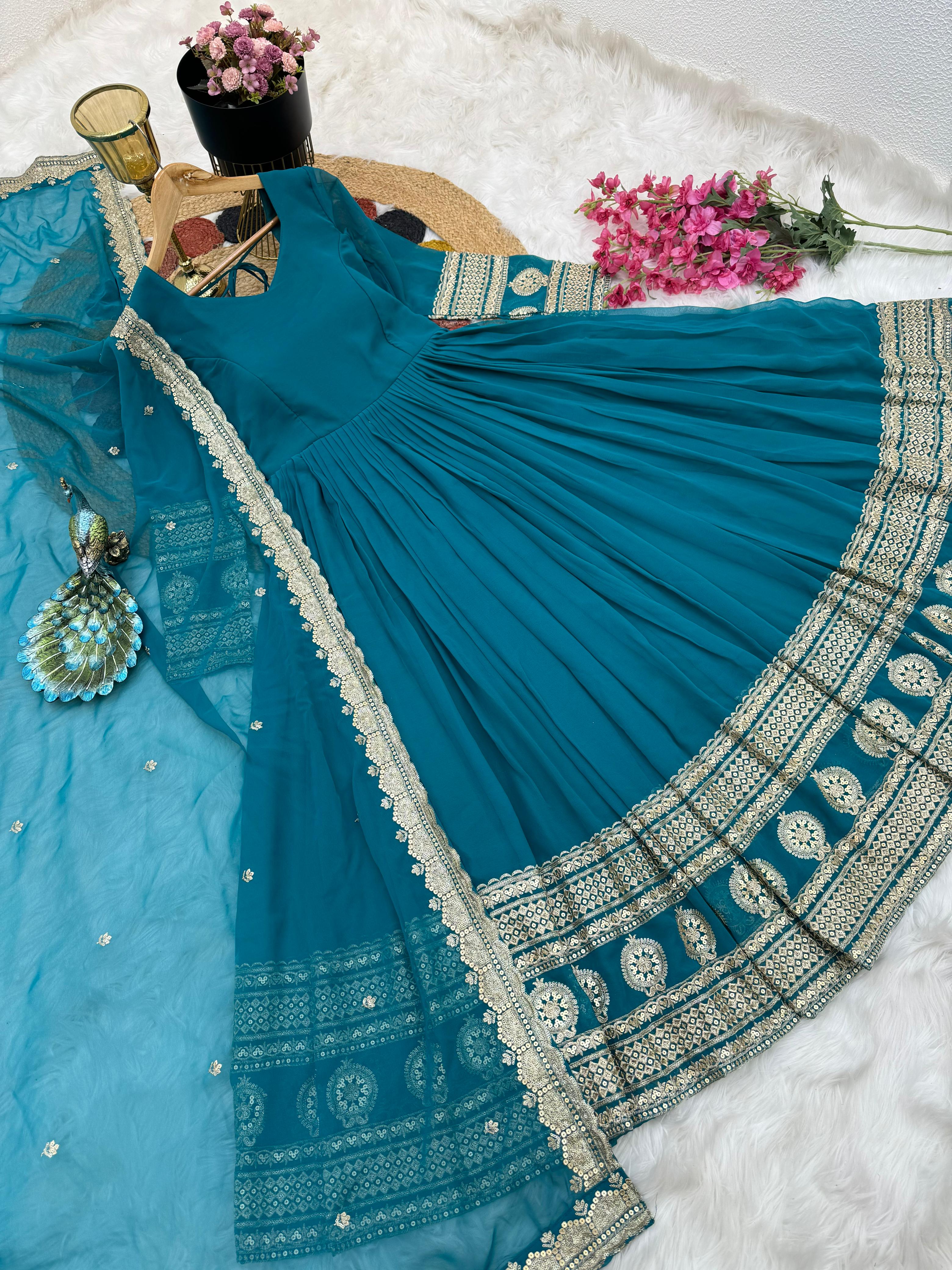 Teal Blue Function Wear Embroidery Work Long Gown