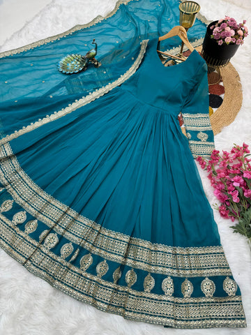 Teal Blue Function Wear Embroidery Work Long Gown