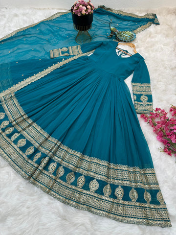 Teal Blue Function Wear Embroidery Work Long Gown