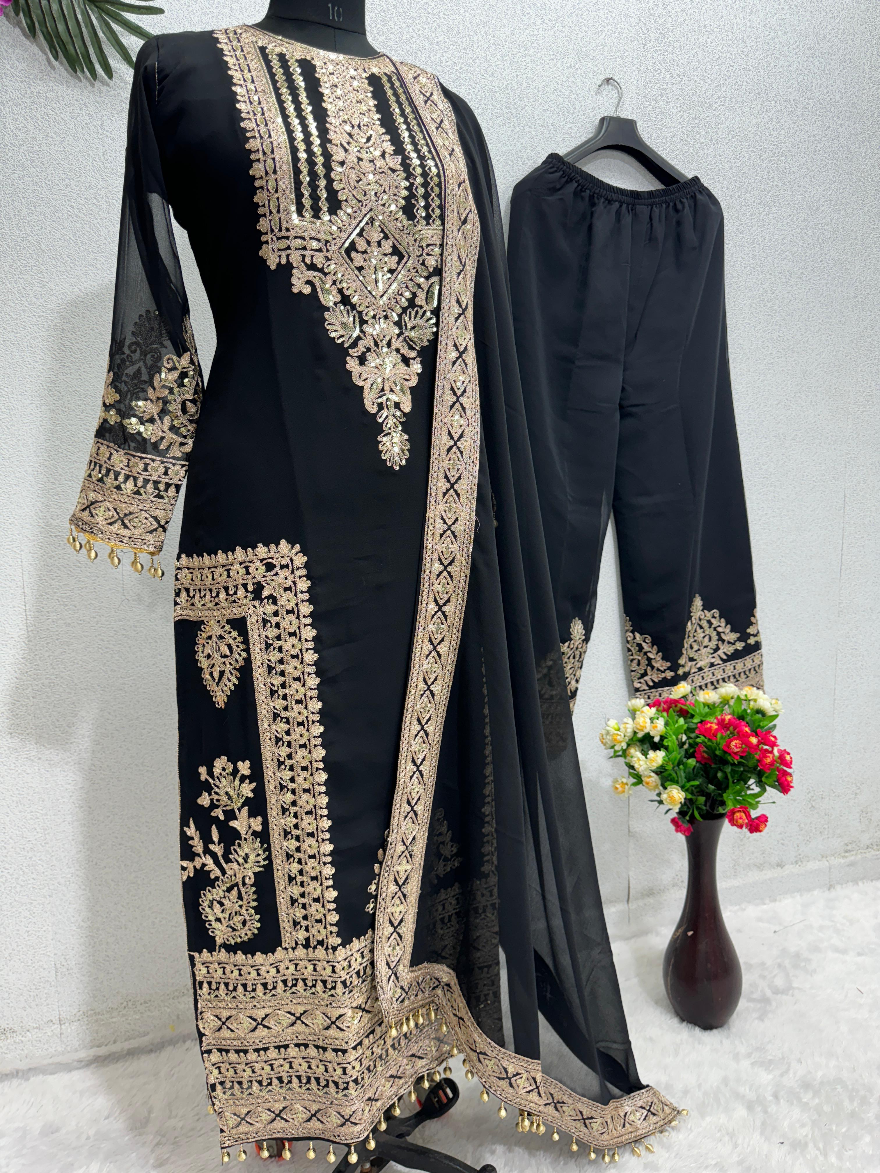 Exotic Black Color Chine Sequence Work Pakistani Suit
