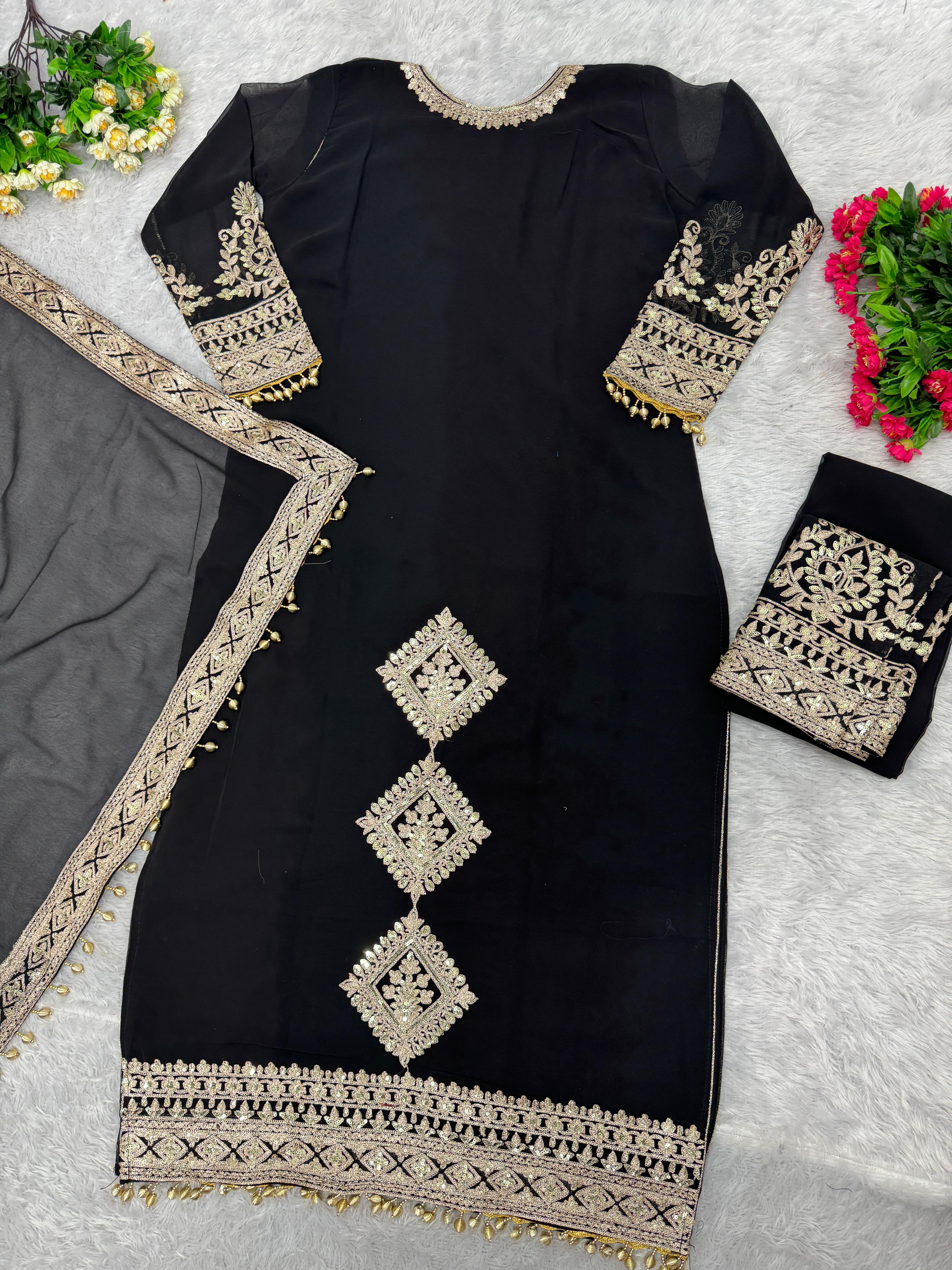 Exotic Black Color Chine Sequence Work Pakistani Suit