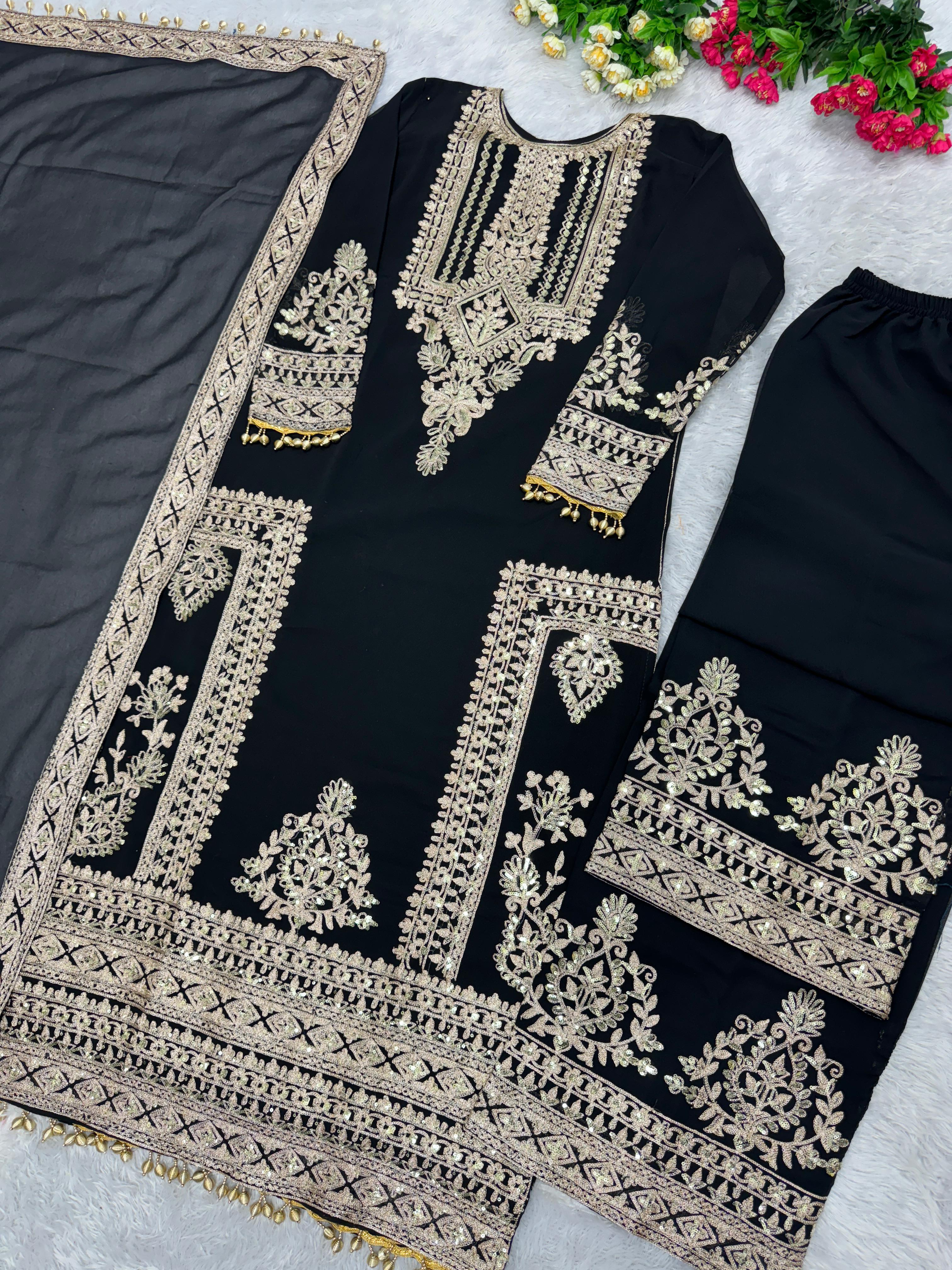 Exotic Black Color Chine Sequence Work Pakistani Suit