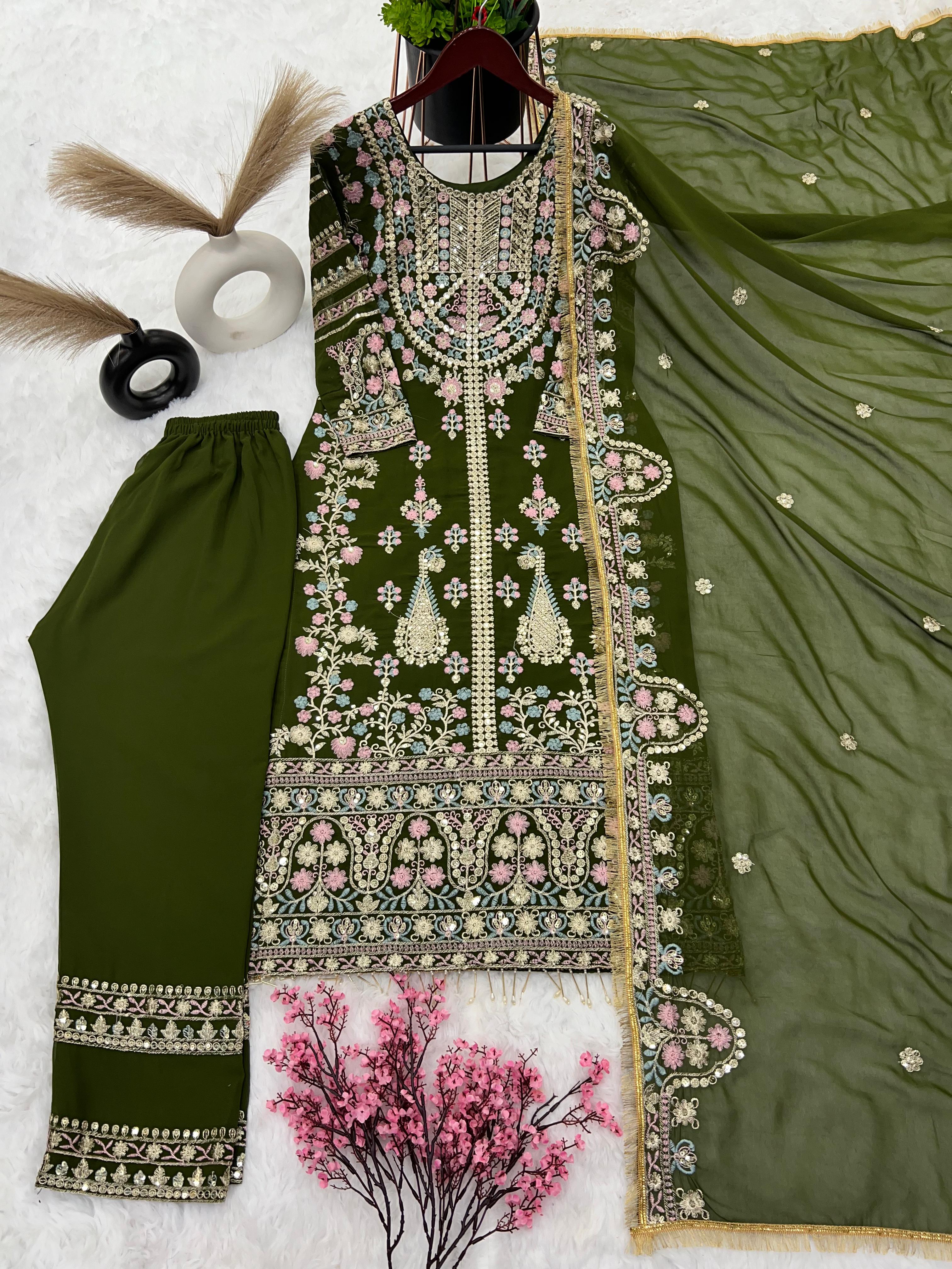 Fantastic Mehndi Green Sequence Work Salwar Suit