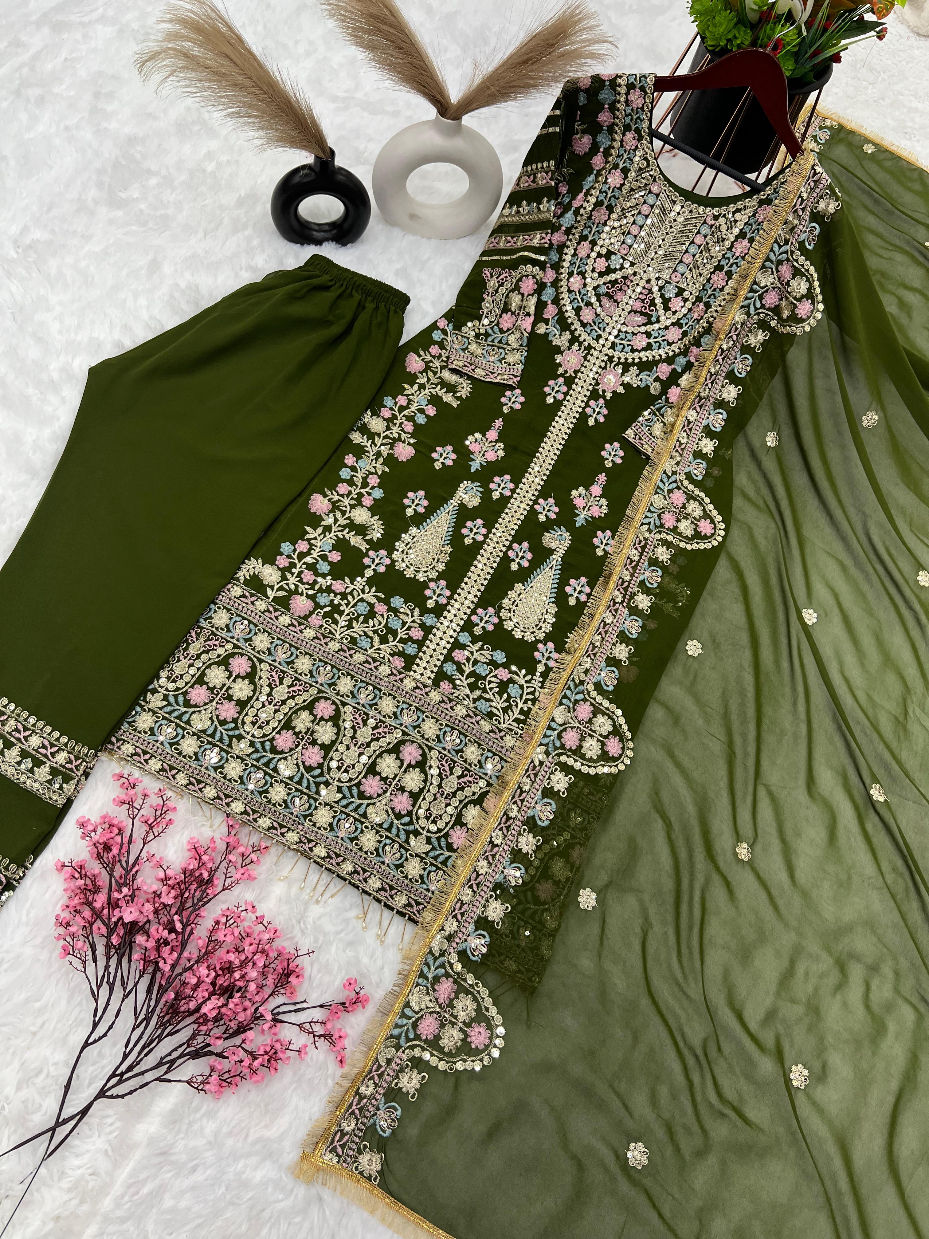 Fantastic Mehndi Green Sequence Work Salwar Suit
