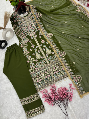 Fantastic Mehndi Green Sequence Work Salwar Suit