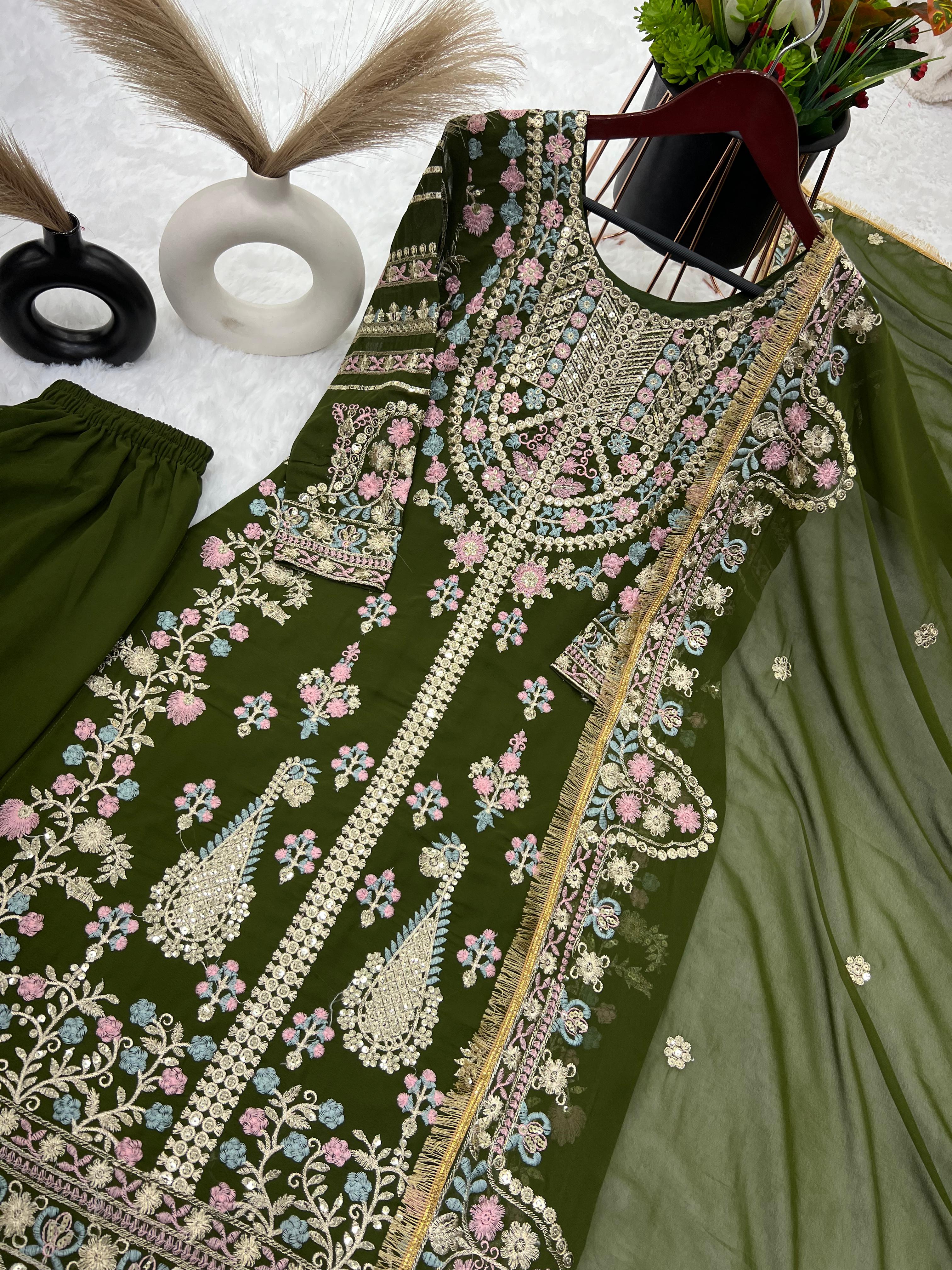 Fantastic Mehndi Green Sequence Work Salwar Suit