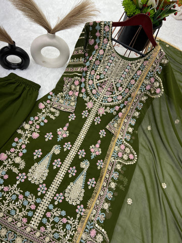 Fantastic Mehndi Green Sequence Work Salwar Suit