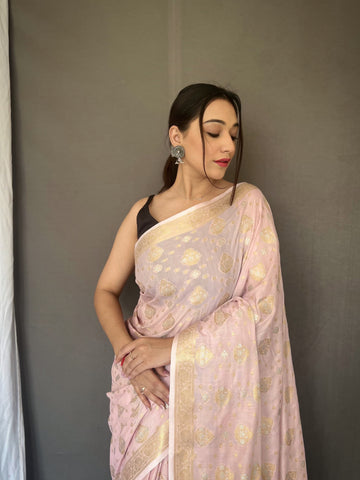 Soft Silk Gold And Silver Design Light Pink Saree