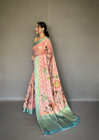 Wedding Wear Pink Color Multi Digital Flower Print Saree