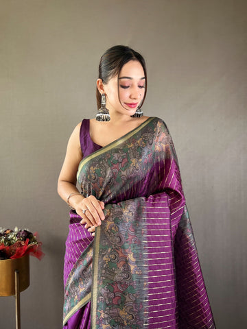 Traditional Digital Print Purple Color Chanderi Silk Saree