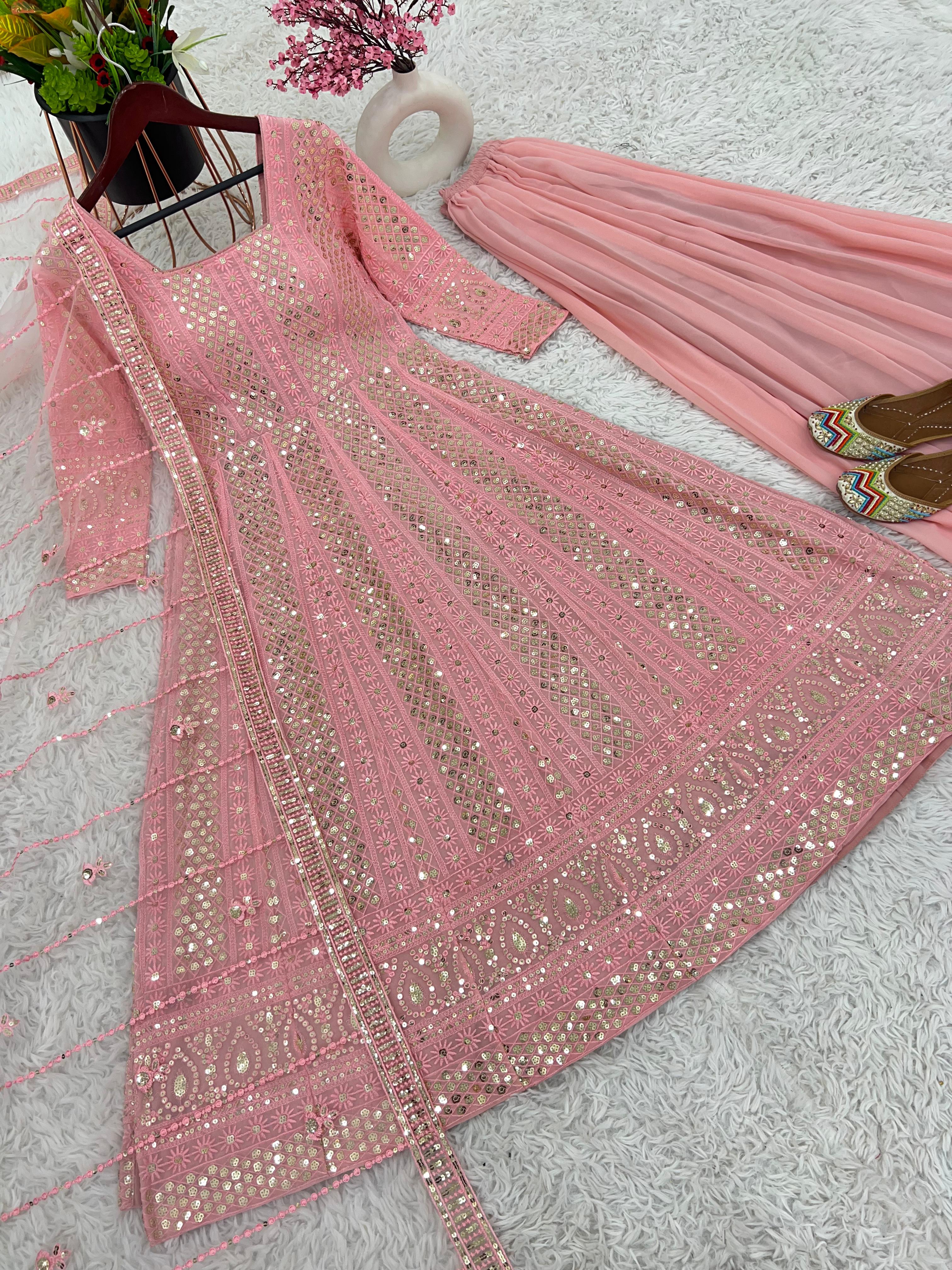 Bollywood Style Peach Color Georgette With Heavy Embroidery Sequence Work Designer Gown