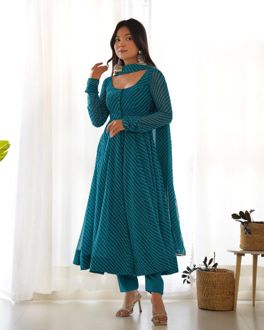 Elegant Rama Color Heavy Pure Fox Georgette Laheriya Print Anarkali Gown