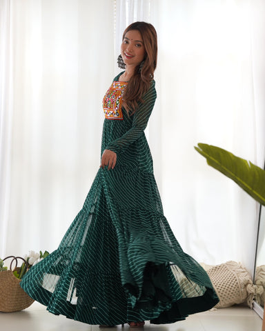 Navratri Wear Green Color Heavy Pure Soft Fox Georgette Laheriya Print Anarkali Gown