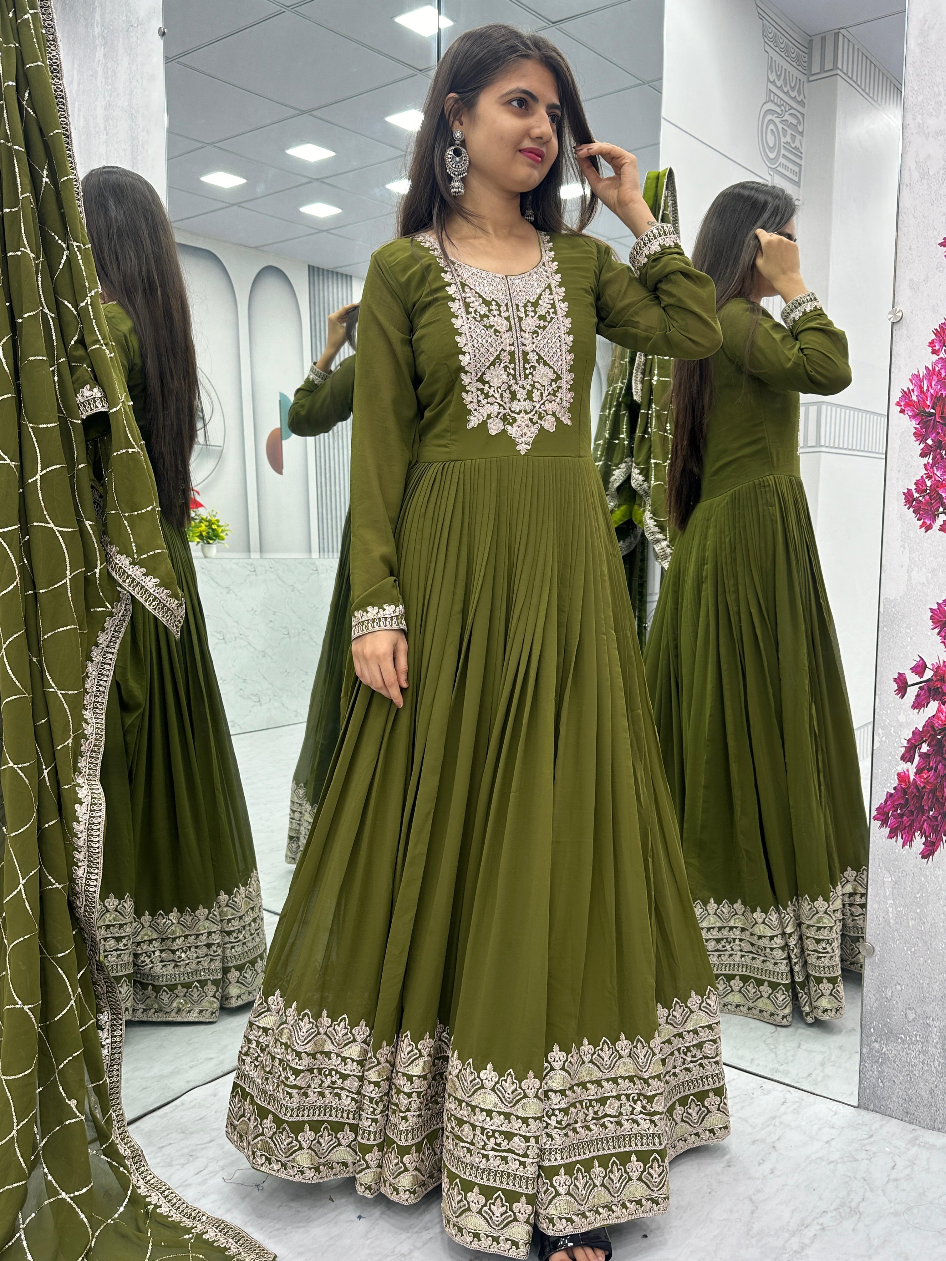 Party Wear Green Color Heavy Embroidery Sequence Coding Work Anarkali Gown