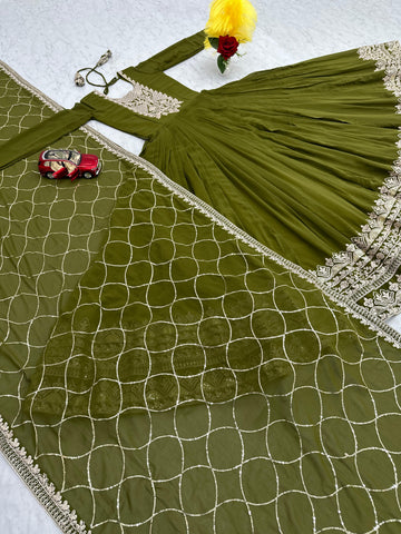 Party Wear Green Color Heavy Embroidery Sequence Coding Work Anarkali Gown