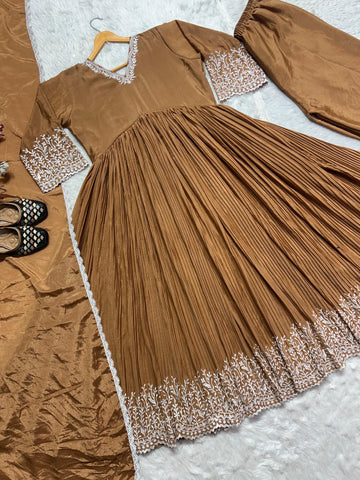 Celebrity Style Crush With  Embroidery Work Beige Color Anarkali Suit With Palazzo