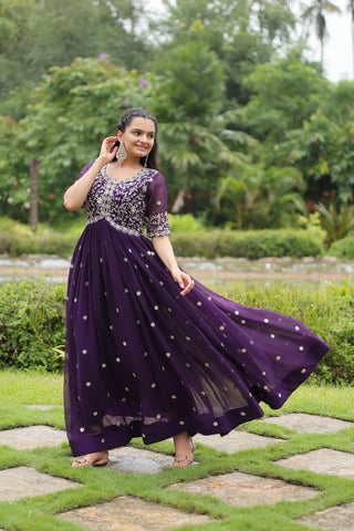 Party Wear Purple Color Faux Blooming With Embroidery Zari Sequin Work Designer Gown