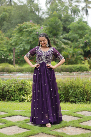 Party Wear Purple Color Faux Blooming With Embroidery Zari Sequin Work Designer Gown