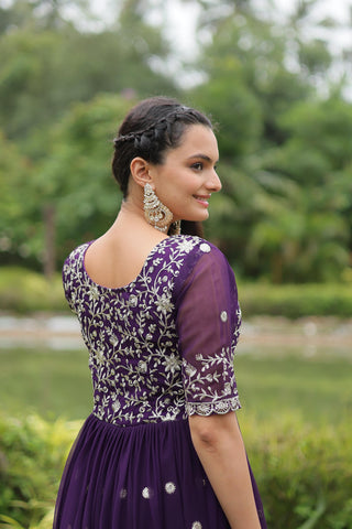 Party Wear Purple Color Faux Blooming With Embroidery Zari Sequin Work Designer Gown
