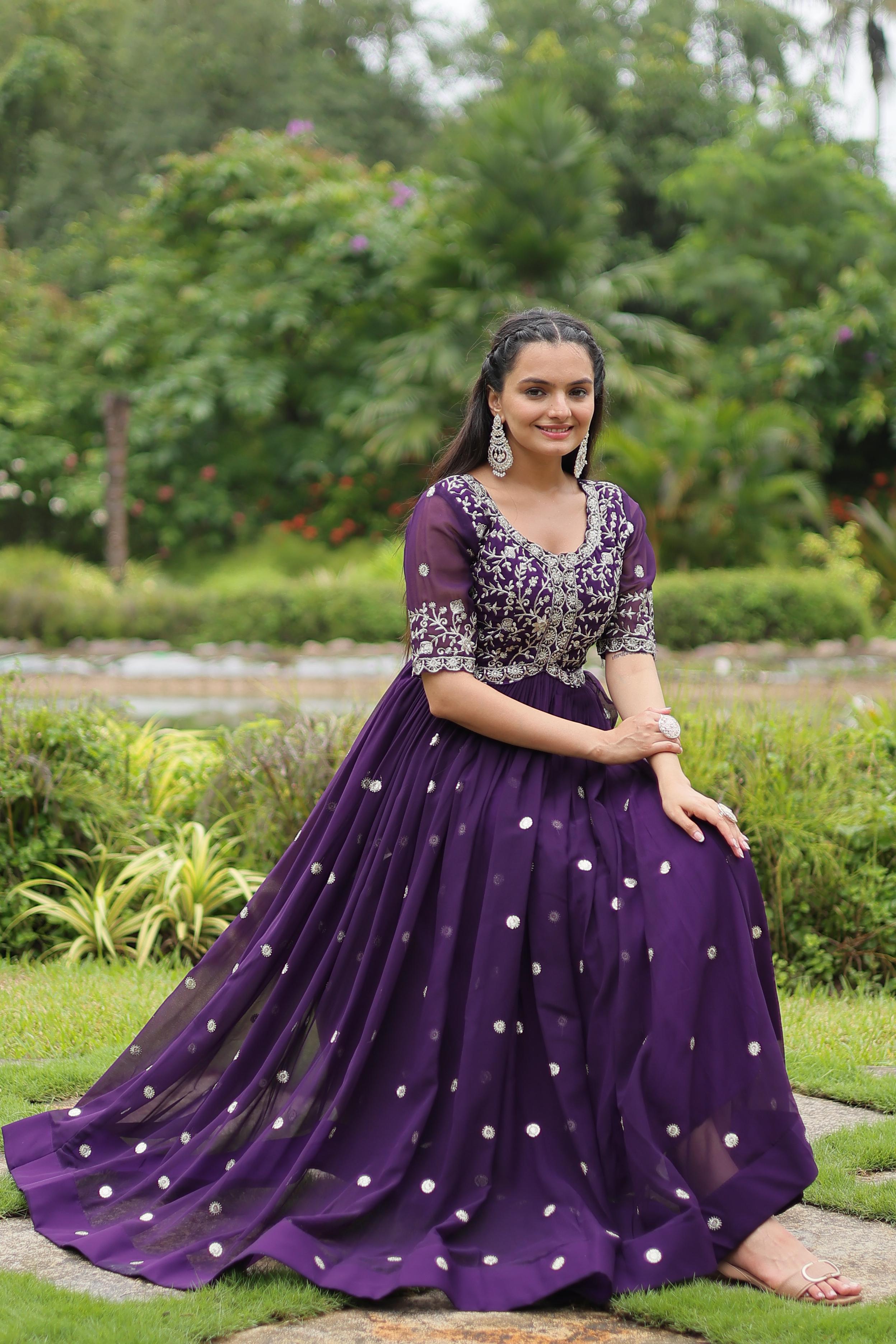 Party Wear Purple Color Faux Blooming With Embroidery Zari Sequin Work Designer Gown