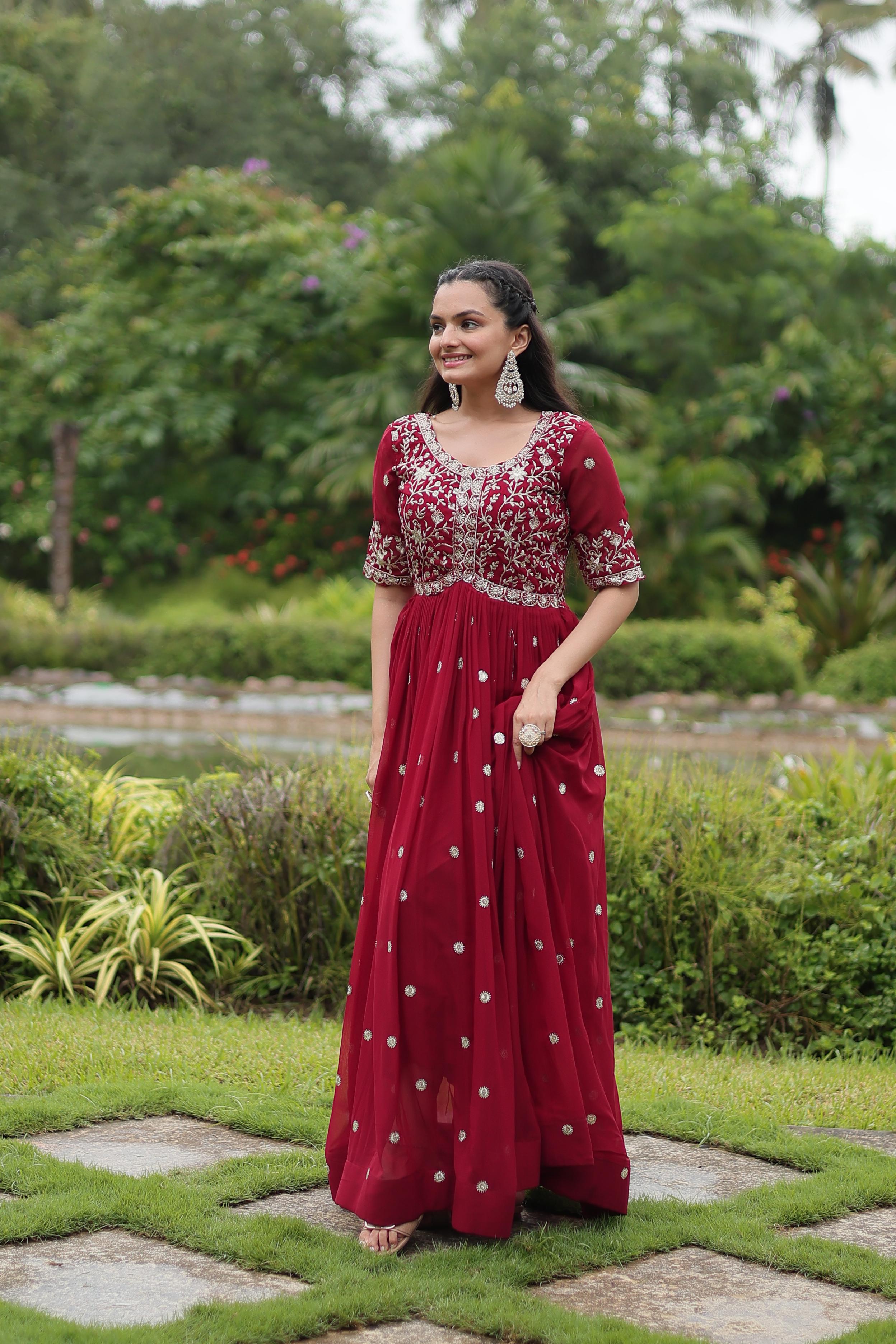 Wedding Wear Maroon Color Faux Blooming With Embroidery Zari Sequin Work Designer Gown