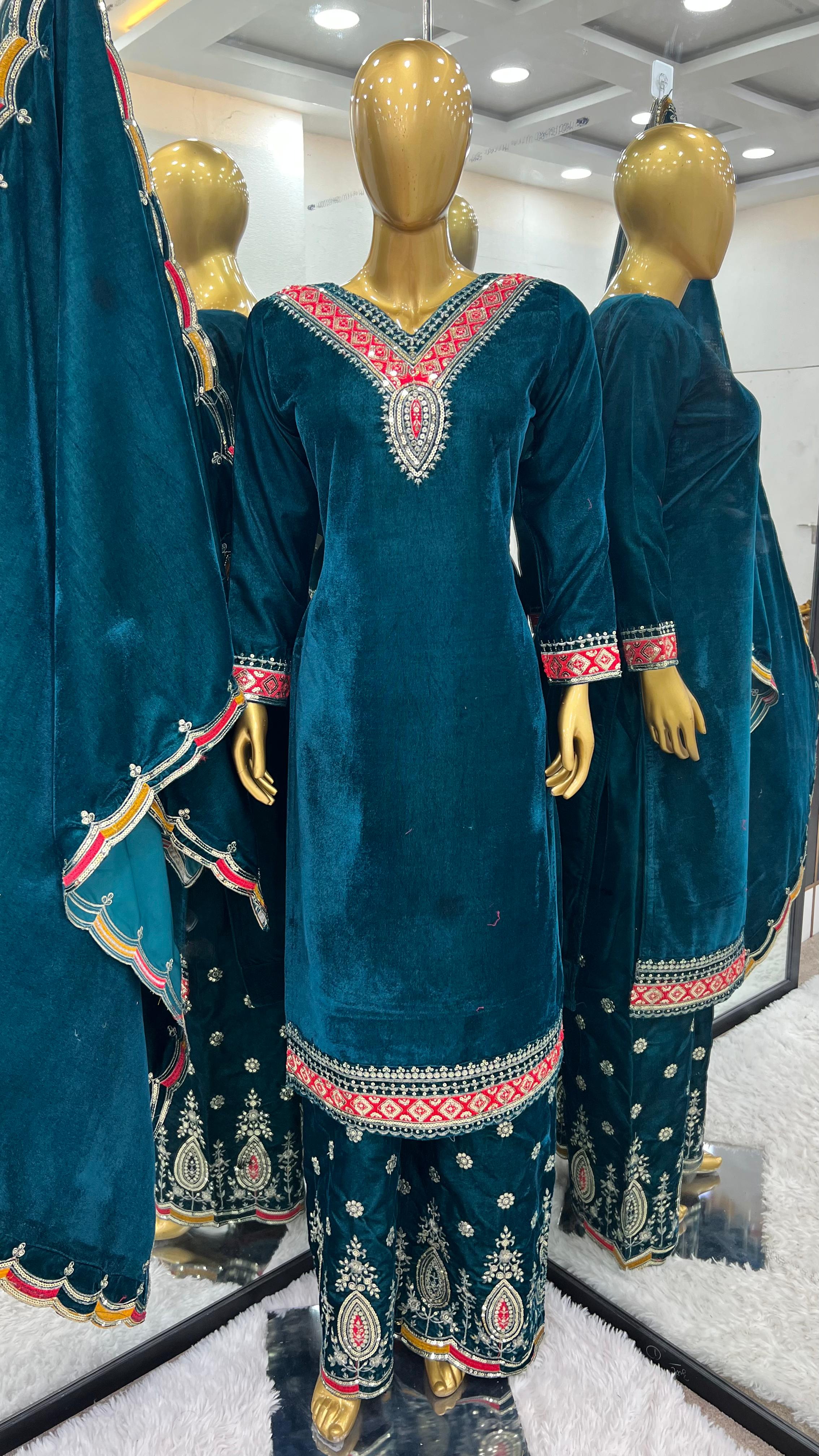 Ceremony Wear Teal Green Color Heavy Viscose Velvet With Heavy Embroidery Sequence Work Salwar Suit