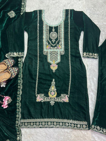 Party Wear Green Color Pure Heavy Viscous Velvet With Heavy Embroidery Coding Sequence Work Salwar Suit