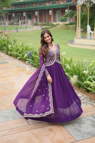 Function Wear Purple Color Faux Blooming With Sequins-Multi Zari Embroidered Work Beautiful Gown