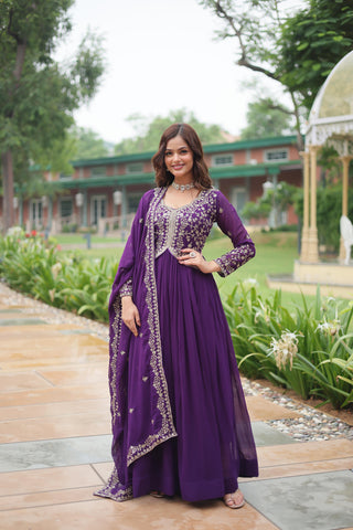 Function Wear Purple Color Faux Blooming With Sequins-Multi Zari Embroidered Work Beautiful Gown