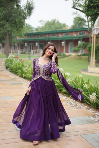 Function Wear Purple Color Faux Blooming With Sequins-Multi Zari Embroidered Work Beautiful Gown