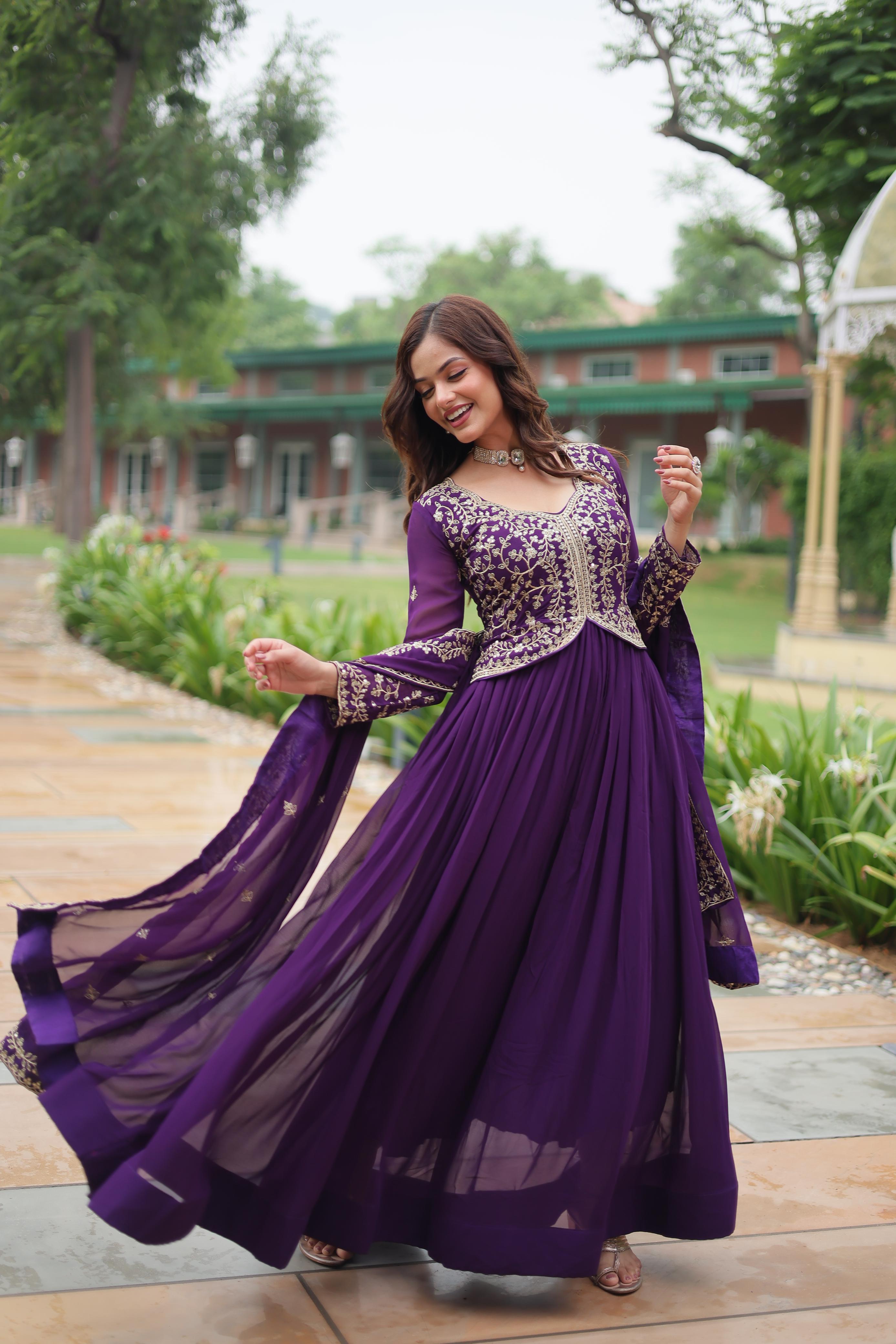 Function Wear Purple Color Faux Blooming With Sequins-Multi Zari Embroidered Work Beautiful Gown