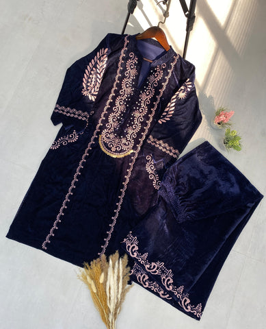 Fabulous Navy Blue Color Velvet With  Embroidery Work Beautiful Velvet Salwar Suit