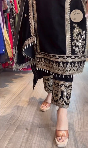 Alluring Black Color Heavy Pure Viscose Velvet With Embroidery 3mm Sequins And Codding Dori Work Designer Salwar Suit