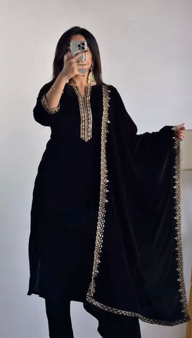 Graceful Black Color Viscos Velvet And Thread With Sequence Work Designer Velvet Salwar Suit