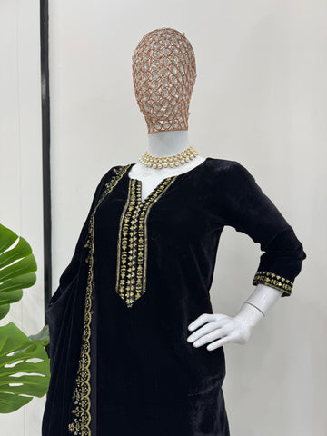 Graceful Black Color Viscos Velvet And Thread With Sequence Work Designer Velvet Salwar Suit