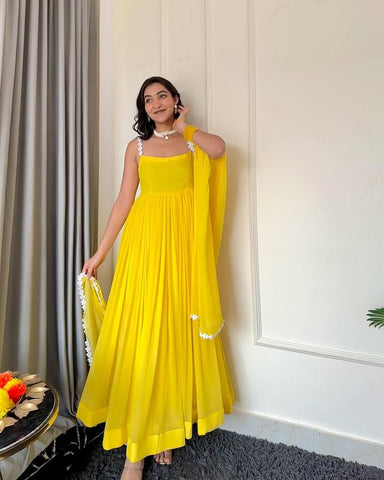 Ravishing Yellow Color Pure Georgette Anarkali Huge Flair Suit With Designer Lace Anarkali Gown