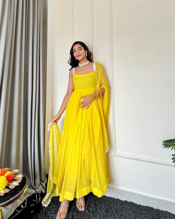 Ravishing Yellow Color Pure Georgette Anarkali Huge Flair Suit With Designer Lace Anarkali Gown
