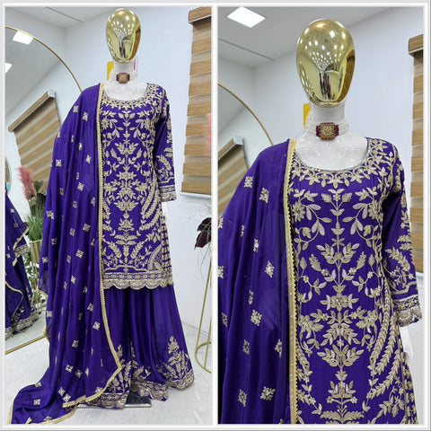 Reception Special Blue Color Chinon Silk And Embroidery Codding Sequence With Work Designer Sharara Suit