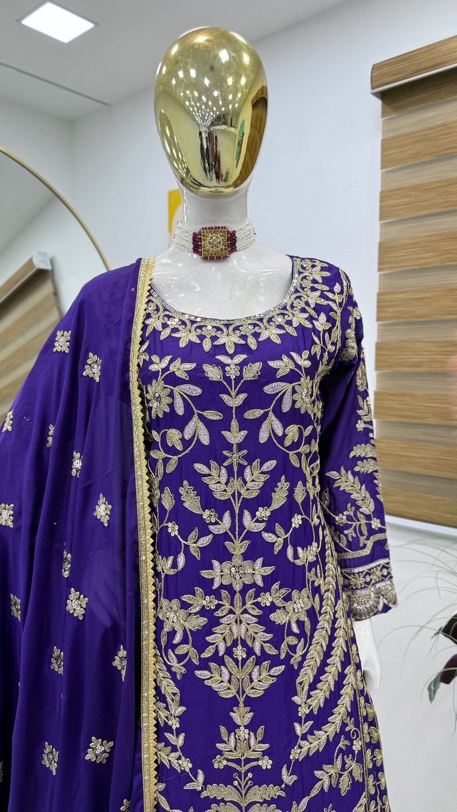 Reception Special Blue Color Chinon Silk And Embroidery Codding Sequence With Work Designer Sharara Suit