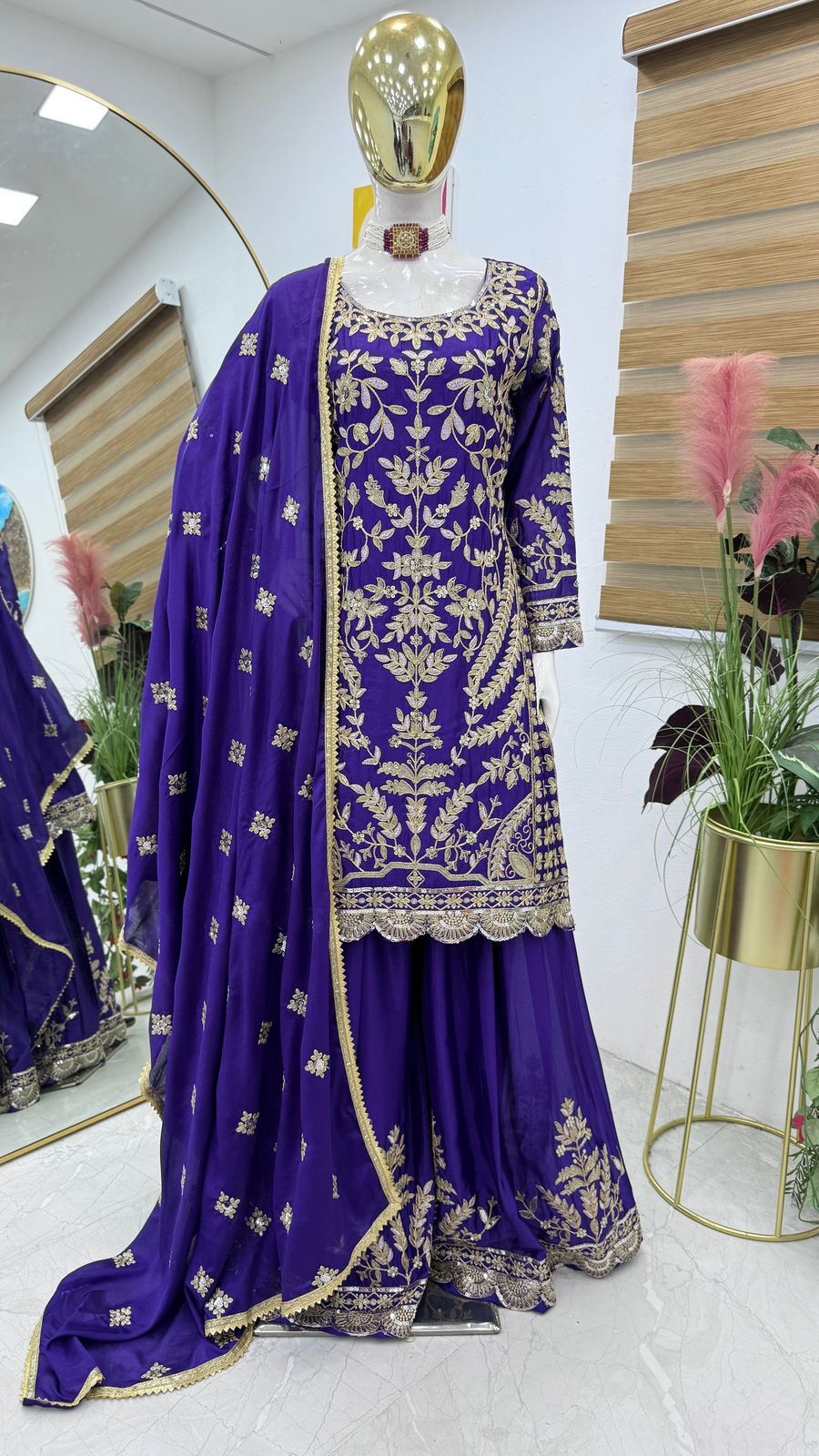 Reception Special Blue Color Chinon Silk And Embroidery Codding Sequence With Work Designer Sharara Suit