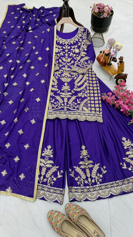Reception Special Blue Color Chinon Silk And Embroidery Codding Sequence With Work Designer Sharara Suit