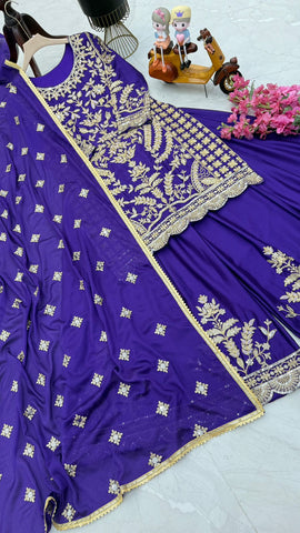 Reception Special Blue Color Chinon Silk And Embroidery Codding Sequence With Work Designer Sharara Suit