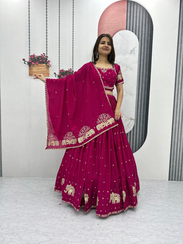 Marriage Special Pink Color Chinon And Embroidery Thread With Sequence Work Designer Lehenga Choli