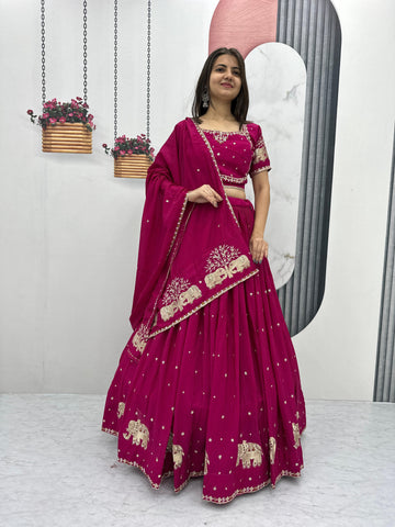 Marriage Special Pink Color Chinon And Embroidery Thread With Sequence Work Designer Lehenga Choli