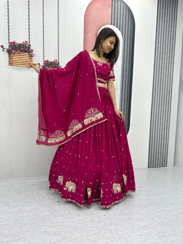 Marriage Special Pink Color Chinon And Embroidery Thread With Sequence Work Designer Lehenga Choli