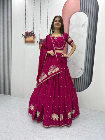 Marriage Special Pink Color Chinon And Embroidery Thread With Sequence Work Designer Lehenga Choli